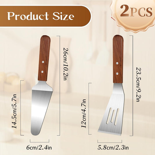 2 Pieces Wood Handle Pie Server Set, Stainless Steel Pie Server Spatula Set, Cake Cutter Pizza Tart Dessert Slicer, Metal Spatulasfor Cutting and Serving Desserts Brownies Lasagna