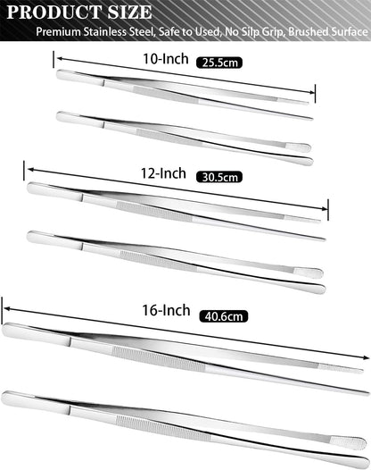 JETKONG 2 Pcs 12-Inch Kitchen Tweezers Tongs with Precision Serrated Tips, Stainless Steel Chef Tweezer Professional Cooking Tweezers for BBQ, Plating and Serving (12-Inch, Black)