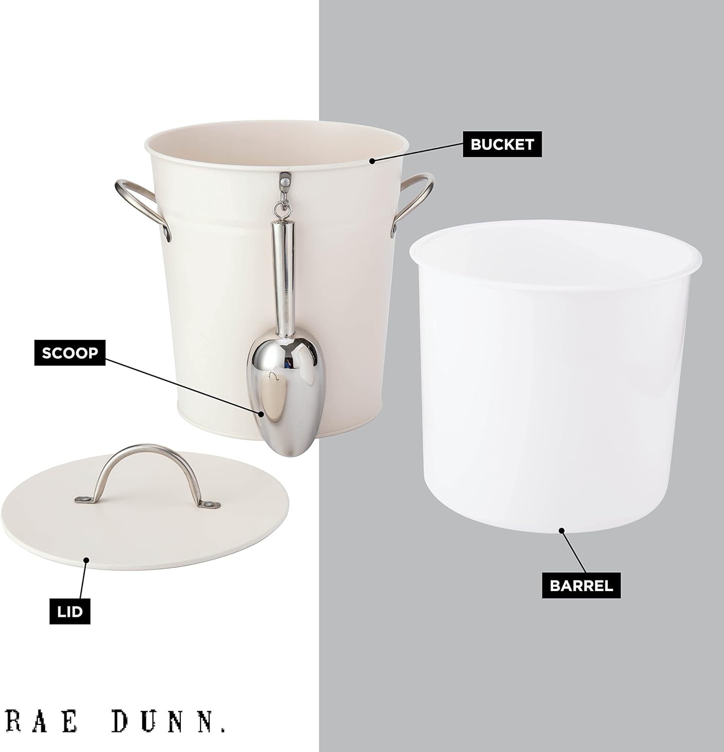 Rae Dunn Ice Bucket with Scoop - Stainless Steel Bucket with Handle, Lid and Ice Scooper - 4 Qt. Storage Bin for Ice Cubes for Bars, Parties, Backyard Barbeques, Picnics, and Camping (Black)