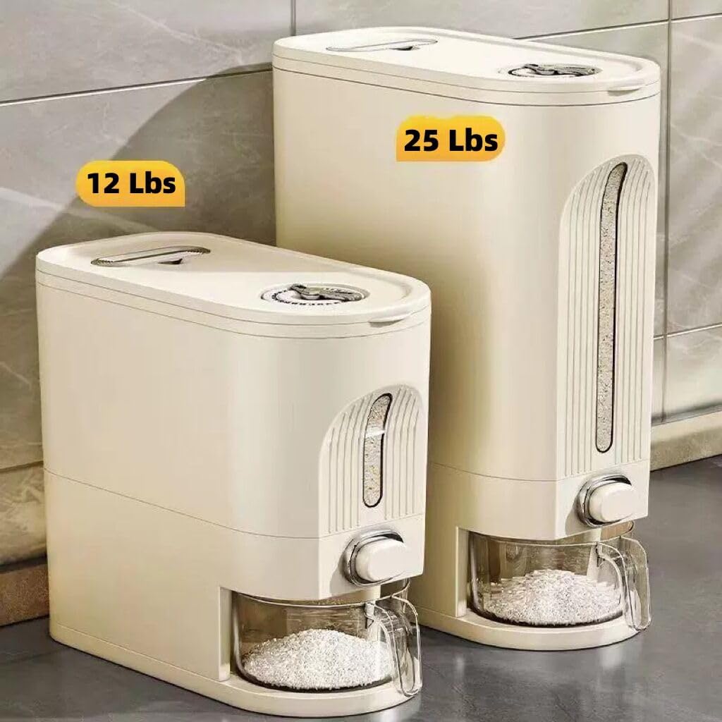 IEEK 25 Lbs Rice Dispenser, Large Cereal Dry Food Storage Containers with Measuring Cup and Lid,Moisture Proof Airtight Food Dispenser Bucket for Rice,Corn,Coffee Bean,Grain,Soybean and Oatmeal,White