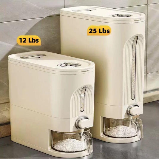 IEEK 25 Lbs Rice Dispenser, Large Cereal Dry Food Storage Containers with Measuring Cup and Lid,Moisture Proof Airtight Food Dispenser Bucket for Rice,Corn,Coffee Bean,Grain,Soybean and Oatmeal,White