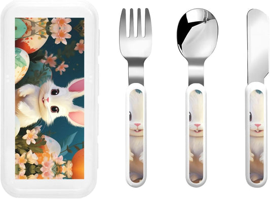 3-Piece Children Utensils Set Cute Easter Bunny Knife Spoon Fork Set Stainless Steel Silverware Set Easy-Grip Reusable Utensils Set Child Flatware Set with Case for Lunch Travel