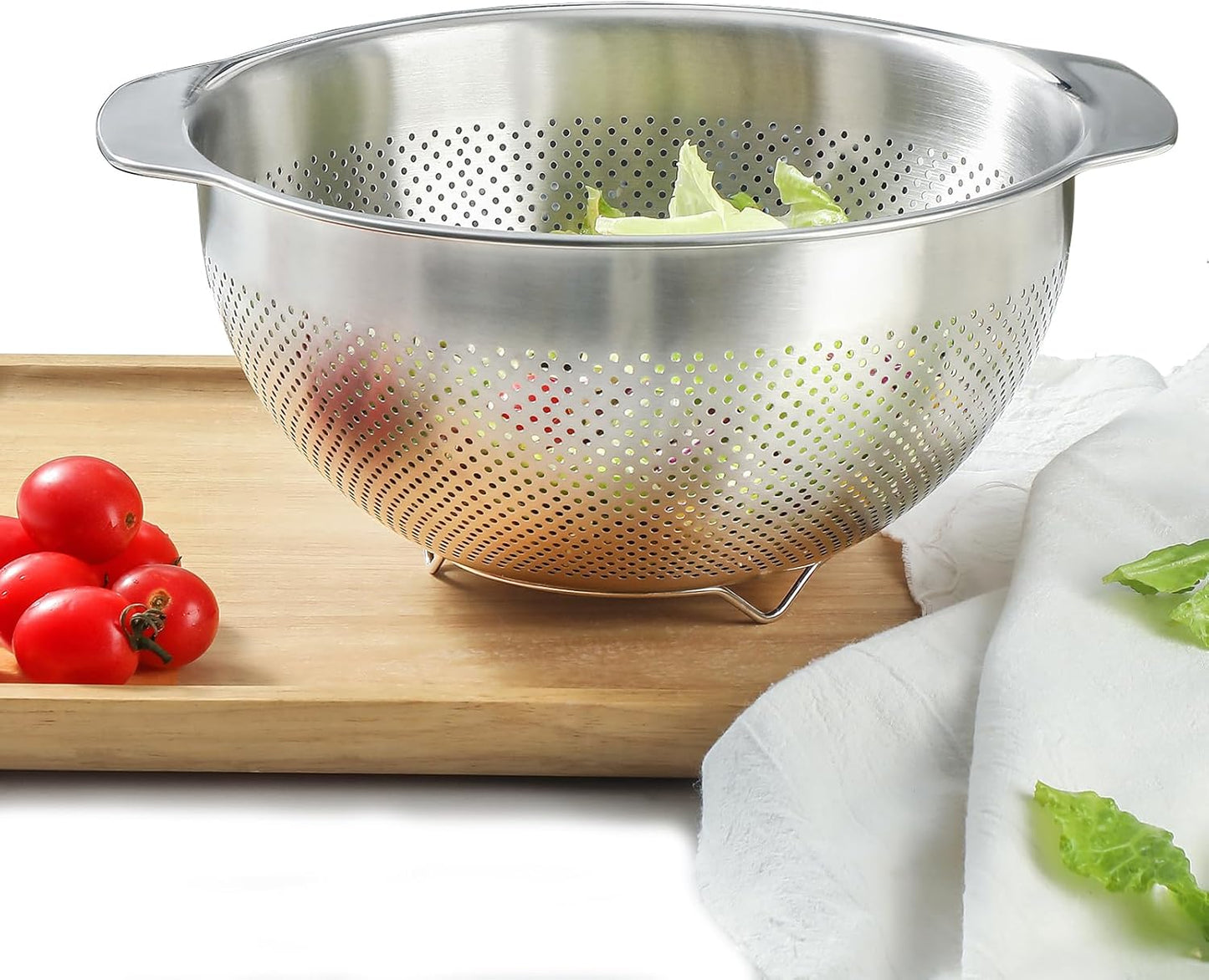 18/8 Stainless Steel Microwell Colander, 3.5QT Large Capacity with Handle Kitchen Food Strainer Basket for Washing Vegetables, Fruits, Rice, and Pasta (primary colour, 3.5QTColander+3.5QT Mixing bowl)