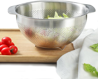 18/8 Stainless Steel Microwell Colander, 3.5QT Large Capacity with Handle Kitchen Food Strainer Basket for Washing Vegetables, Fruits, Rice, and Pasta (primary colour, 3.5QTColander+3.5QT Mixing bowl)