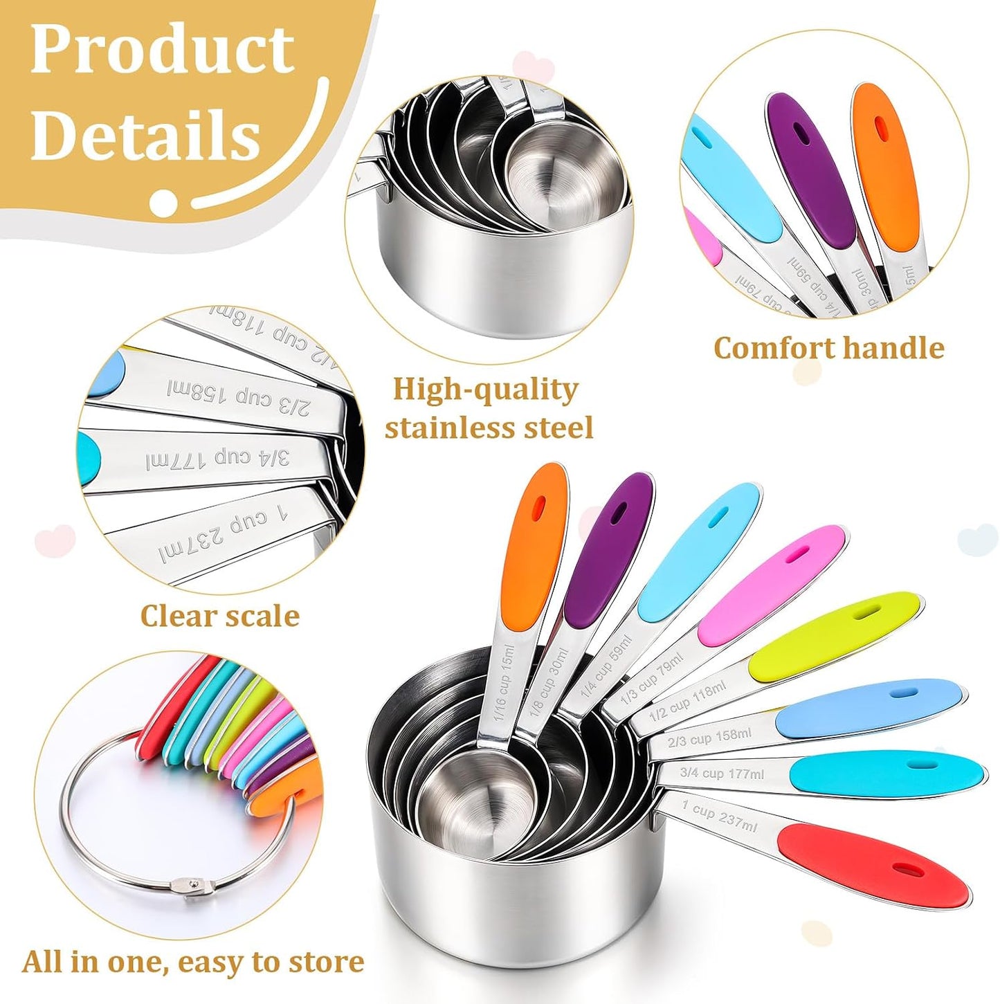 8 PCS Stainless Steel Measuring Cup Set, with Storage Ring, Non-Slip, Stackable, Kitchen Measuring Gadget tool for Cooking Baking, Measure Dry/Wet Ingredients and Liquid, Multicolor, Dishwasher Safe