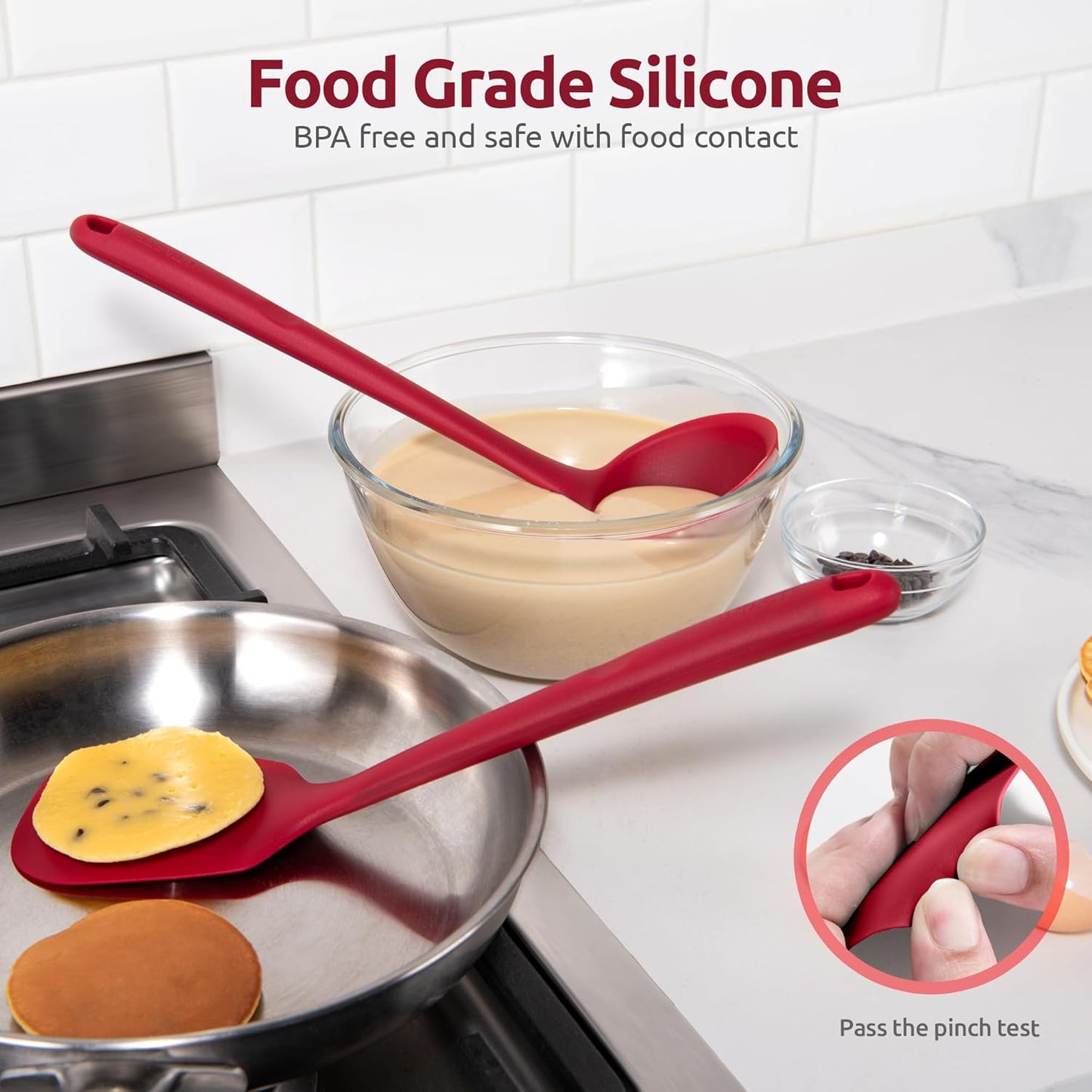 600ºF Heat Resistant Kitchen Utensil: U-Taste 13.6" Extra Long Silicone Cooking Tools Set, Food-Grade Non-Stick Solid and Slotted Turner Spatula, Mixing Spoon, and Soup Ladle (5 Pieces, Aqua Sky)