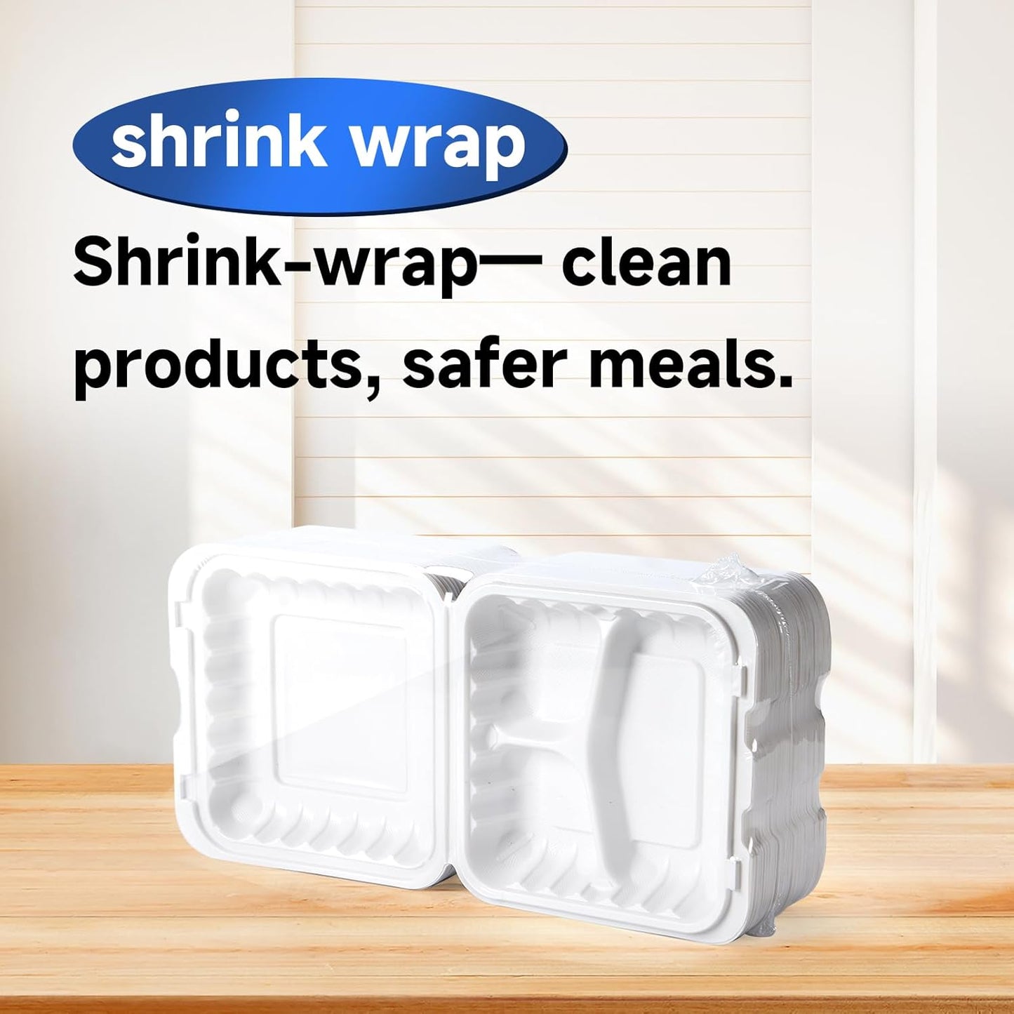 Food Containers 7.8" 30 oz 65 Pack - BPA Free Mineral Filled PP Plastic | 3 Compartment Shrink Wrap Clamshell Stackable | Reusable Freezer & Microwave Safe | White Commercial Takeout Boxes