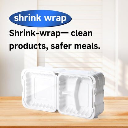 Food Containers 7.8" 30 oz 65 Pack - BPA Free Mineral Filled PP Plastic | 3 Compartment Shrink Wrap Clamshell Stackable | Reusable Freezer & Microwave Safe | White Commercial Takeout Boxes