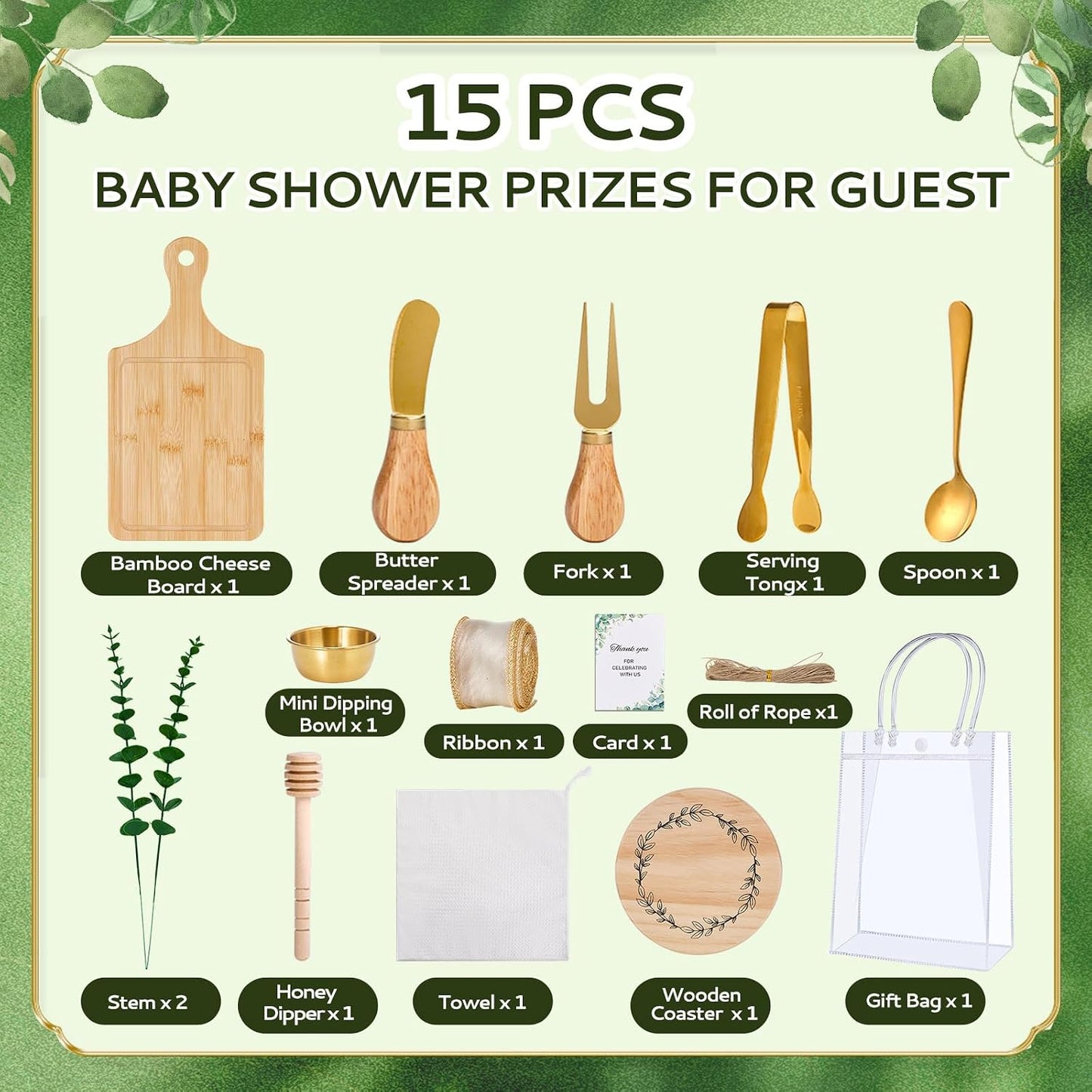 Baby Shower Prizes for Game Winners 6 Sets Cheese Board Honey Dipper Charcuterie Utensils Set Towel Thank You Card and Gift Bags for Baby Shower Wedding Bridal Shower Favors (6 Set-Bamboo, Silver)