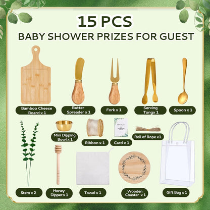 Baby Shower Prizes for Game Winners 6 Sets Cheese Board Honey Dipper Charcuterie Utensils Set Towel Thank You Card and Gift Bags for Baby Shower Wedding Bridal Shower Favors (6 Set-Bamboo, Silver)