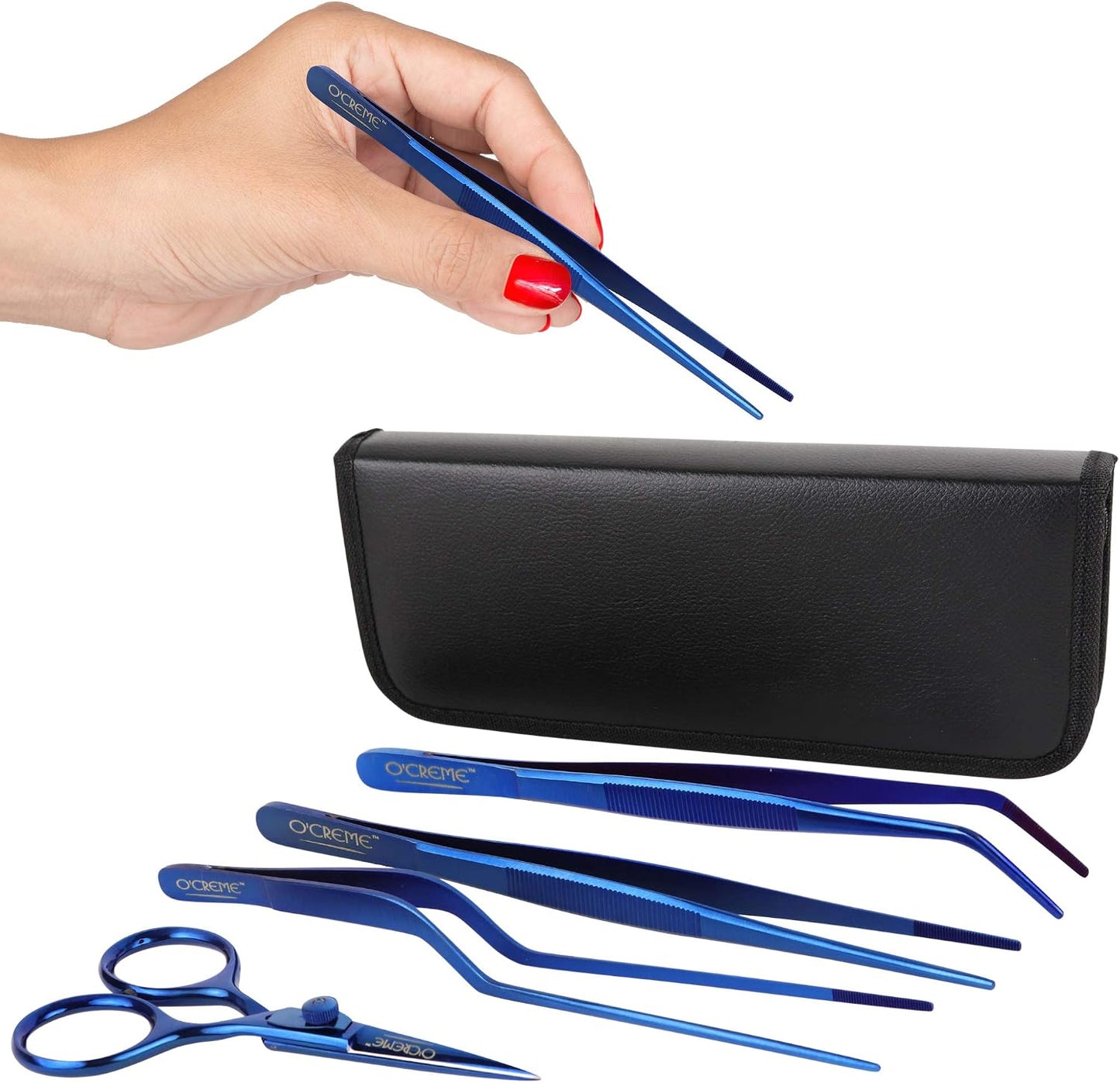 O'Creme Set of Culinary Tweezer Tongs 8 Inch Straight, Offset and Curved, Plus Super Sharp Chef Scissors, Total 4 Pieces (Blue)