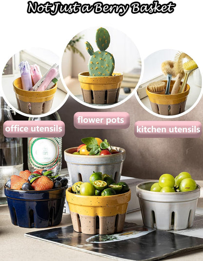 Gomakren Berry Bowls with Holes Ceramic, Berry Washing Bowl Basket Set of 2, 5.8 Inch Round Fruit Bowl Storage Containers, Strawberry Baskets, Farmhouse Kitchen Decor, Yellow + Brown