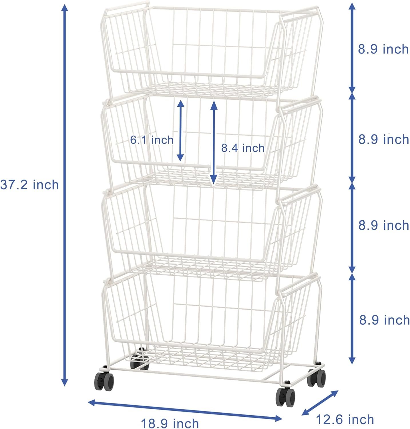 PUSDON 4-Tier Spacious Stackable Wire Storage Baskets with Wheels, Metal Rolling Utility Cart Organizer, Fruit and Vegetable Produce Basket for Kitchen Pantry, Everyday Bathroom Shelf, Silver Grey