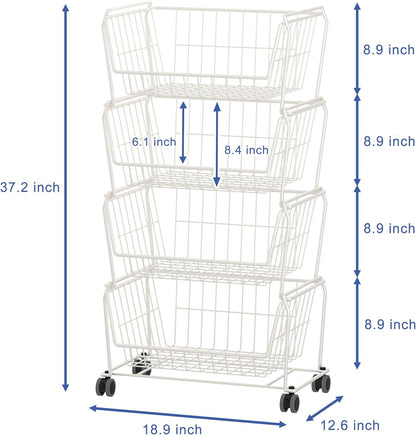 PUSDON 4-Tier Spacious Stackable Wire Storage Baskets with Wheels, Metal Rolling Utility Cart Organizer, Fruit and Vegetable Produce Basket for Kitchen Pantry, Everyday Bathroom Shelf, Silver Grey