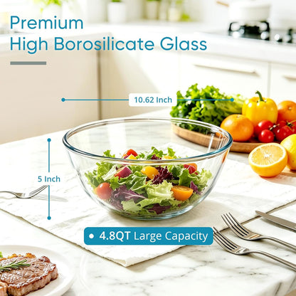 E-far Glass Mixing Bowl with Airtight Lid, 4.8QT Large Clear Glass Bowl for Salad, Sourdough Bread Making, Prep, Serving, Storage, Non-toxic & Leak-proof, Microwave, Dishwasher, Oven & Fridge Safe