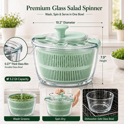 Large 5.2 Qt Glass Salad Spinner with Storage Lid Glass Bowl Black