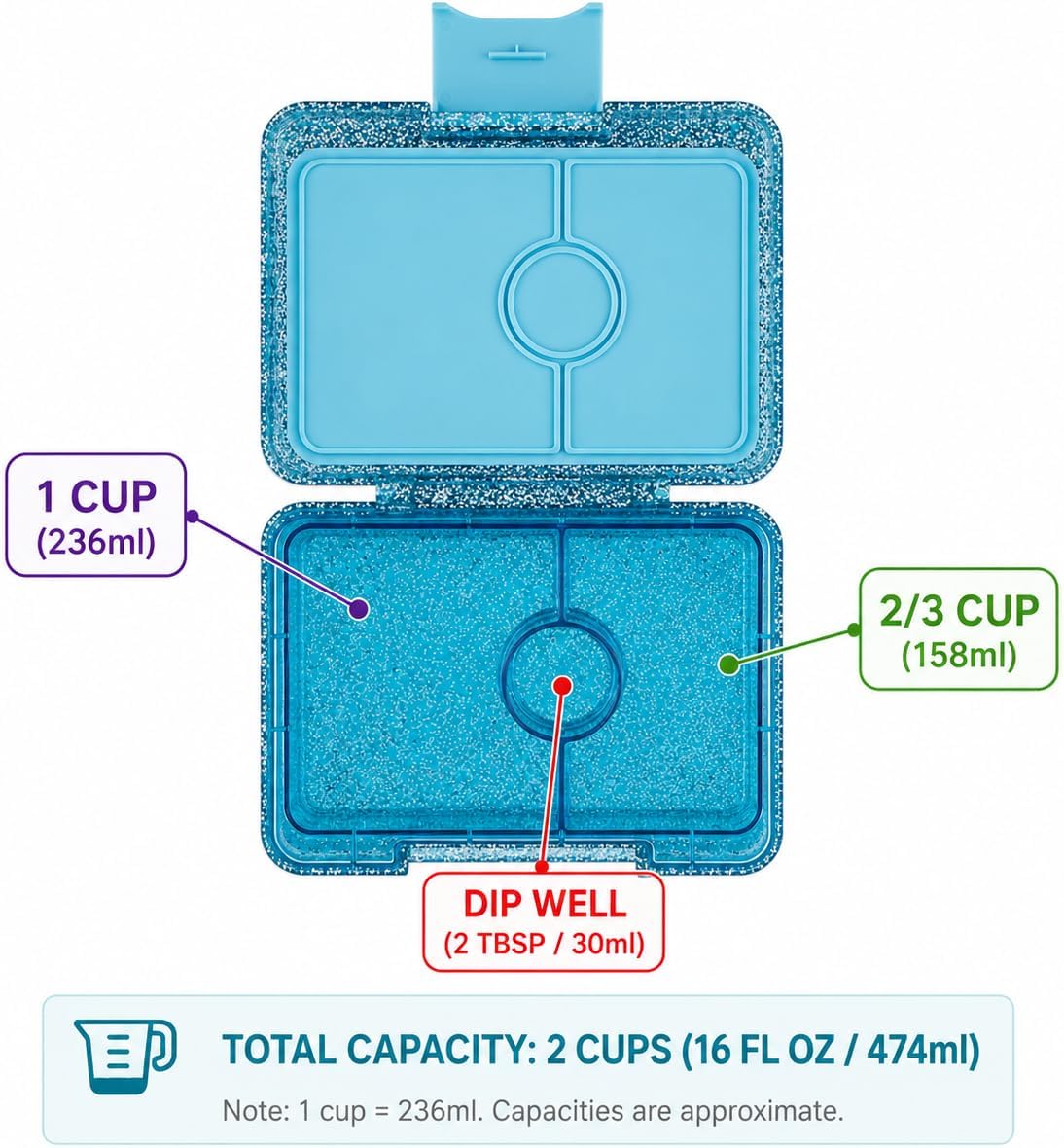 Yumbox Snack Box, 3 Compartments, Leakproof, Glitter Blue | Built-In Dip Well | Removable Compartment Tray | Easy-Open Single Latch | Lightweight & Compact | Perfect for Snacks & Sides
