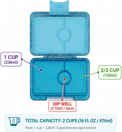 Yumbox Snack Box, 3 Compartments, Leakproof, Glitter Blue | Built-In Dip Well | Removable Compartment Tray | Easy-Open Single Latch | Lightweight & Compact | Perfect for Snacks & Sides