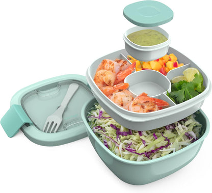 Bentgo Salad Container - 54 oz Bowl with 4-Compartment Toppings Tray, Leak-Proof Dressing Container, Reusable Fork, BPA-Free Lunch Box for Meal Prep & Food Storage; Removable Bento Tray (Khaki Green)