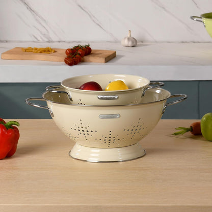 Metal Colander 2 Pack, Strainer Bowel with Handles 2Qt & 6Qt Powder Coated Solid Ring Base Heavey Duty Kitchen Drainer Basket for Pasta Veggies and Fruits,New Home Apartment Essentials (Almond Cream)