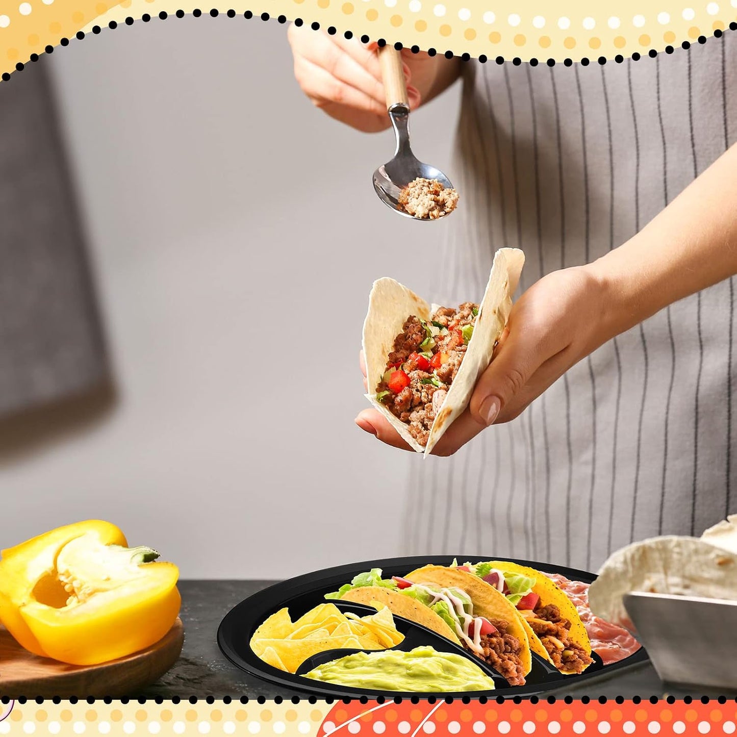 Roshtia 24 Pcs Taco Holder Fiesta Bulk with 2 Stand Holder 4 Compartments Plastic Tray for Soft and Hard Shell Tacos, Microwave Safe for Soft & Hard Shell Tacos(Black)
