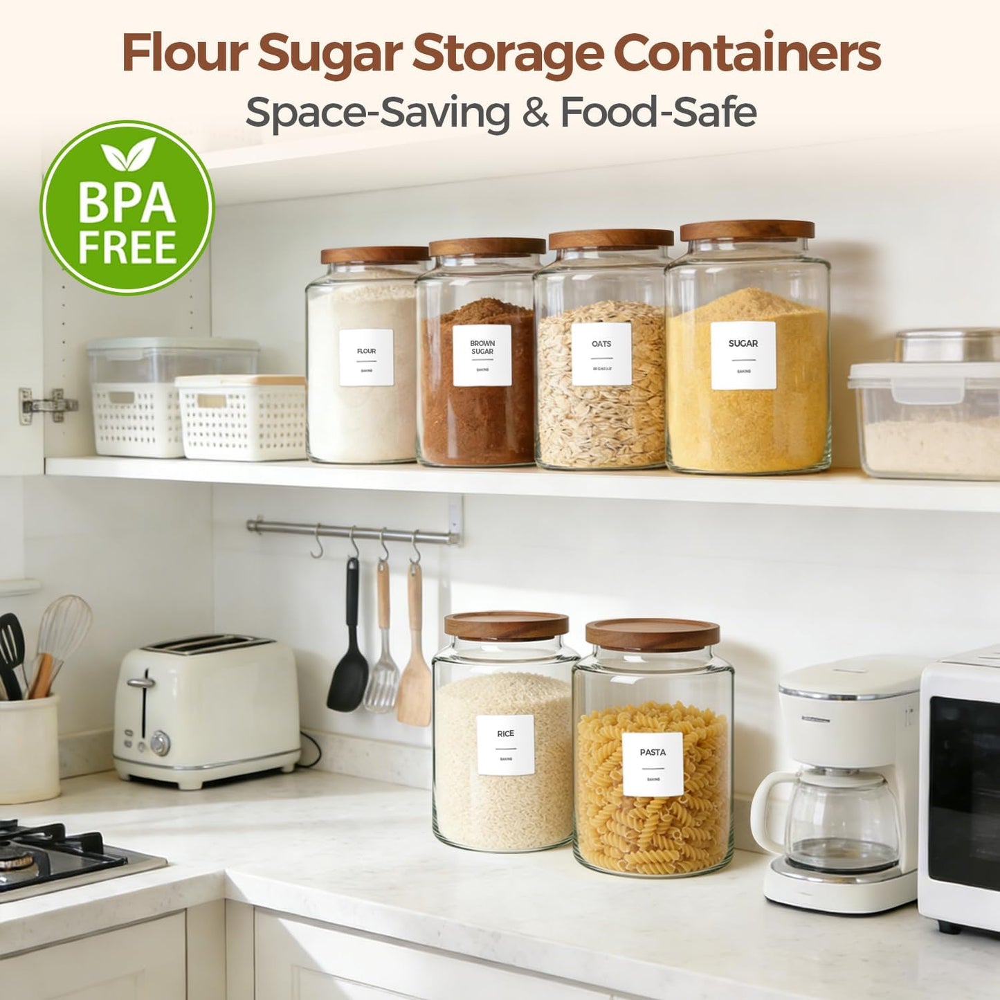 ComSaf 2Pcs (4.2Qt) Wide-Mouth Flour Sugar Storage Containers - Include Scoops & Labels, Easy to Scoop & Airtight, Large Glass Jar for Bakers to Store Bulk Flour, Rice, and Dry Goods in Kitchen Pantry
