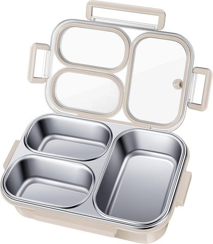 KTKUDY Stainless Steel Bento Box for Kids & Adults - 25 oz - Leakproof 3 Compartment Metal Lunch Container - 18/8 Stainless Steel Lunch Box Kids - Ideal for School, Office & Outdoor (Cream)