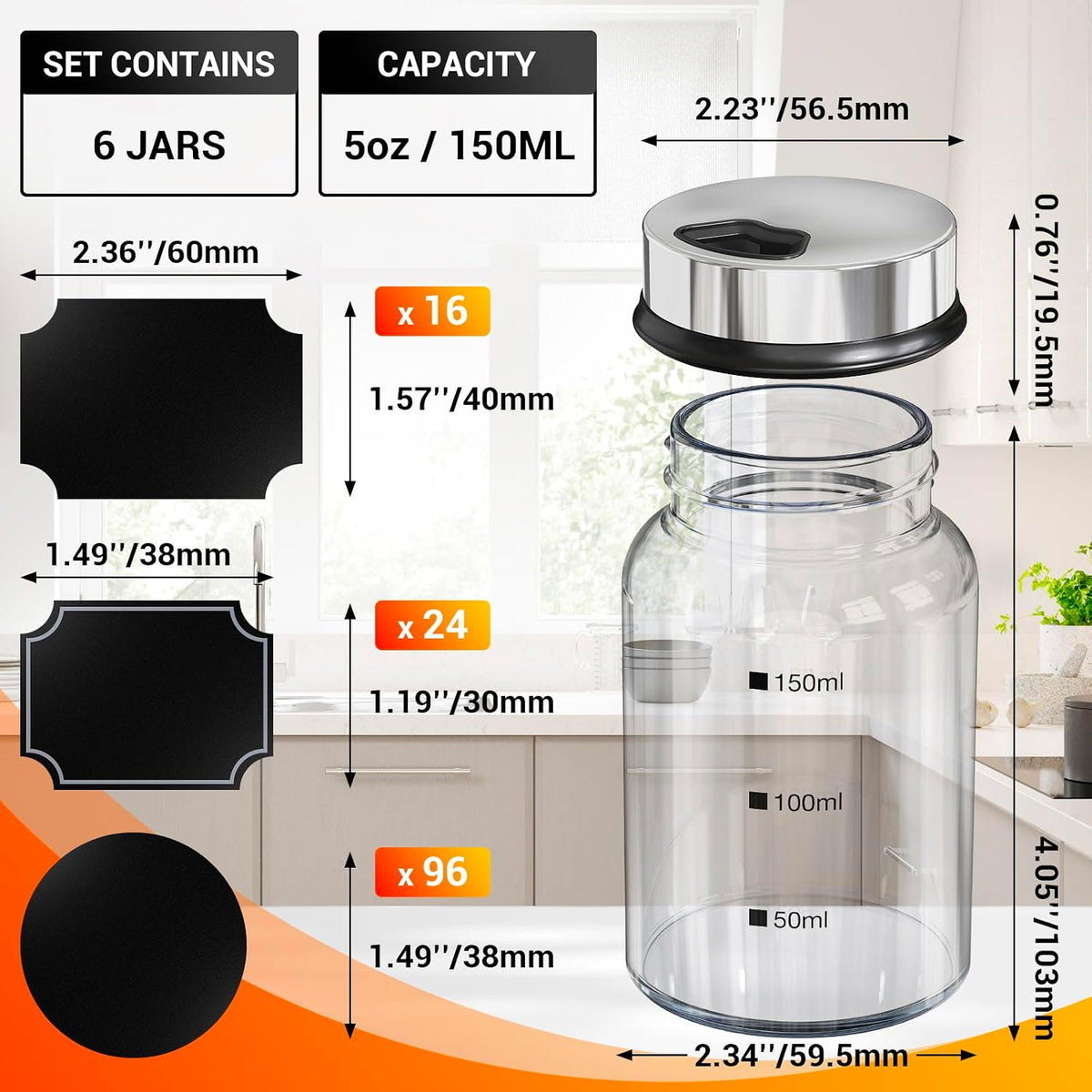 Segarty Spice Jars, 3 oz Spice Bottles with Shaker Lids, Glass Empty Seasoning Containers with Adjustable Pour Holes for Kitchen Spice Storage Stainless Steel Flow Top Salt and Pepper Shakers