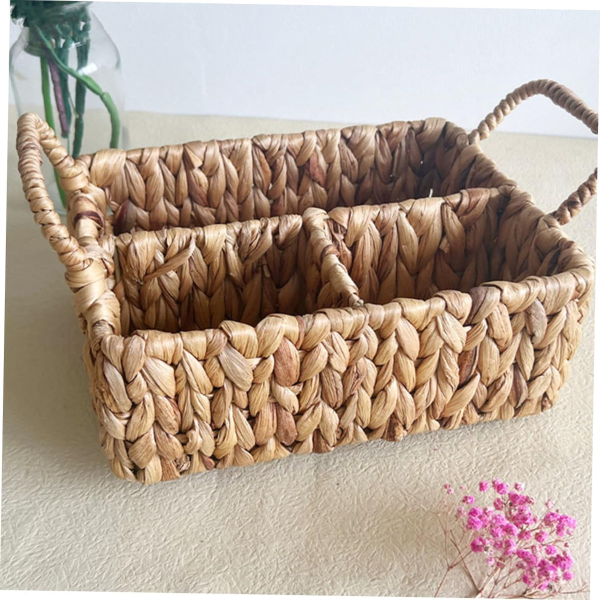 VOSAREA Woven Storage Basket with Divided Compartments Rustic Handcrafted Cutlery Organizer for Home Kitchen Living Room Stylish Sundries Management