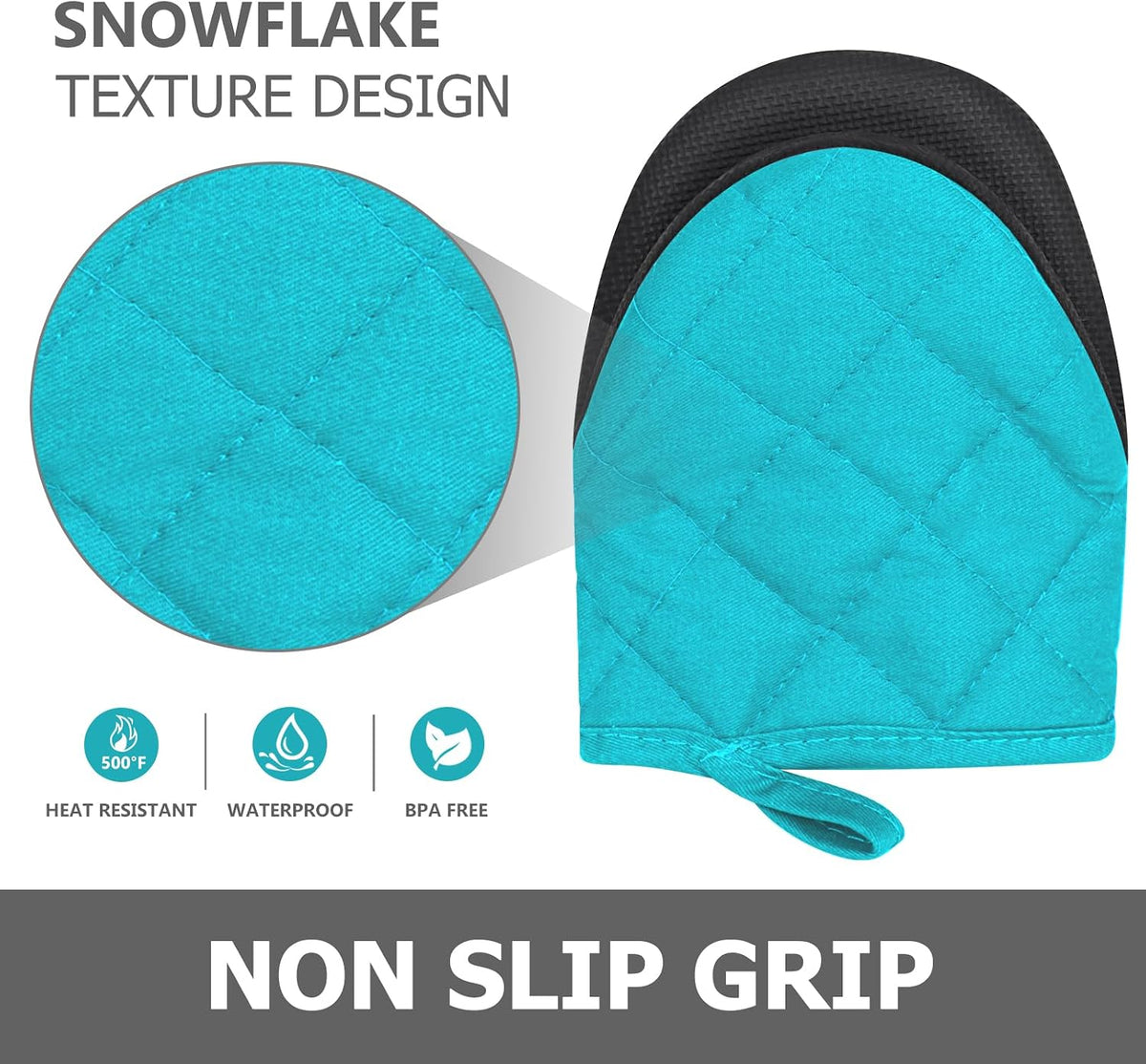 1 Pair Short Oven Mitts - Silicone Kitchen Oven Gloves High Heat Resistant 500℉, Mini Oven Mits with Non-Slip Grip Surfaces and Hanging Loop for BBQ, Baking, Cooking and Grilling (Black)