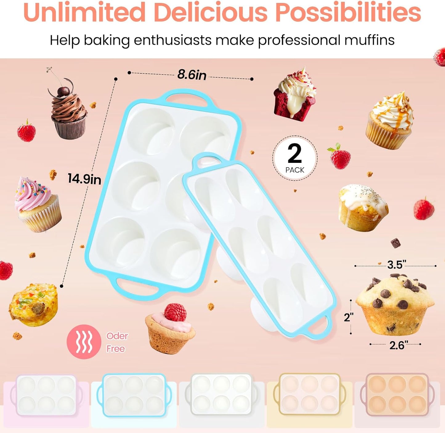 Silicone Muffin Pans for Baking 2 Pack, 2.6 Inch with Metal Reinforced Frame, Regular Size Nonstick Cupcake Pan 12 Cups for Baking Homemade Muffins, Dishwasher Safe BPA Free-Blue