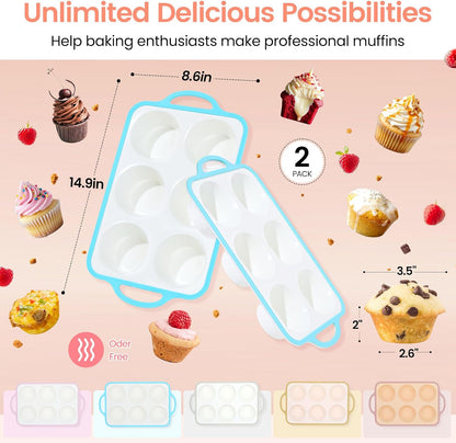 Silicone Muffin Pans for Baking 2 Pack, 2.6 Inch with Metal Reinforced Frame, Regular Size Nonstick Cupcake Pan 12 Cups for Baking Homemade Muffins, Dishwasher Safe BPA Free-Blue