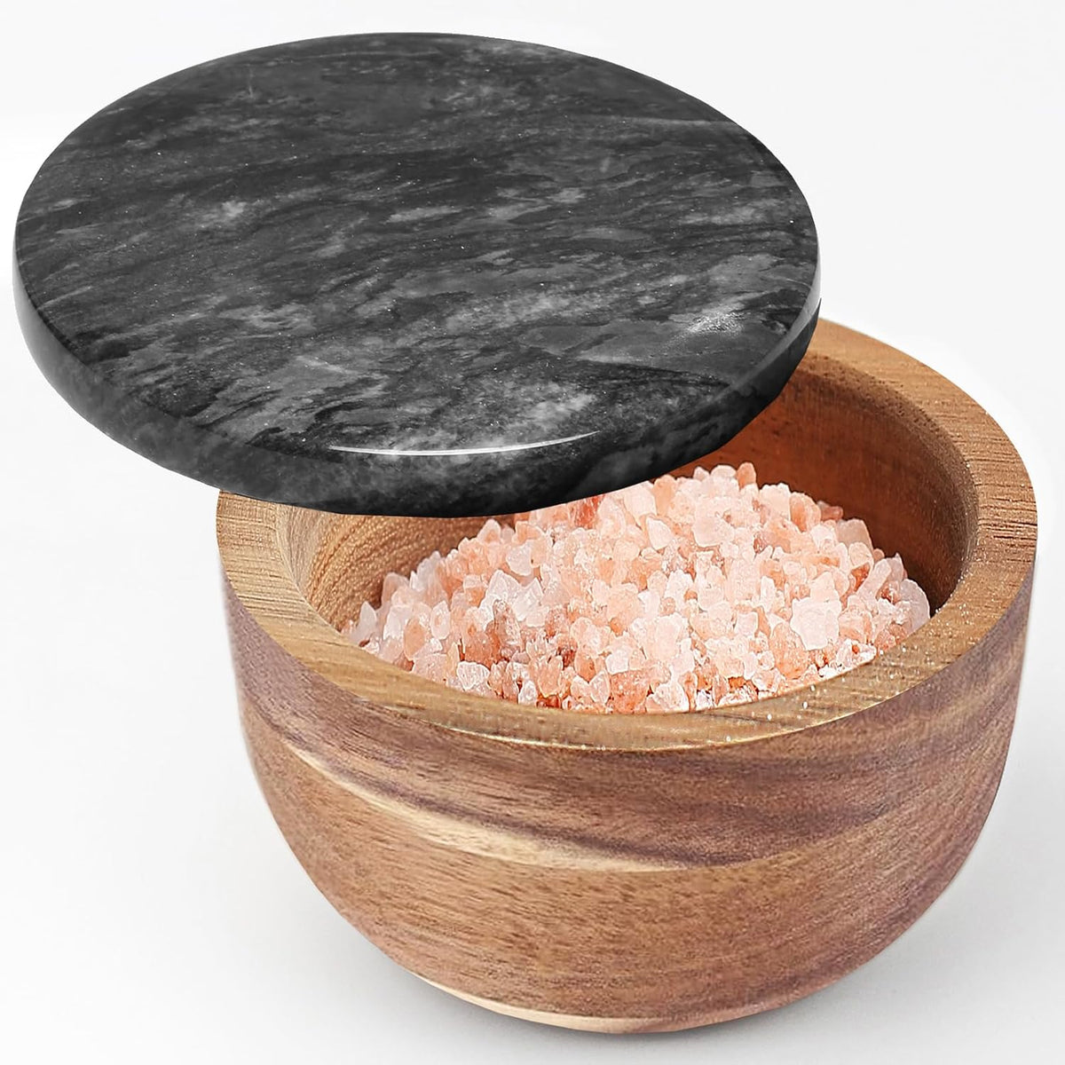 jalz jalz Acacia Wood Salt Cellar with white Marble Lid, 10oz Pinch Pot & Spoon