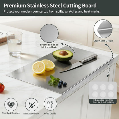 Stainless Steel Cutting Board Set for Kitchen, 2 Pack Metal Cutting Board with Counter Lip Dishwasher Safe Chopping Board for Meat, Vegetables, Fruits, Bread, Kneading (40 x 30cm/ 16 x 12 in)