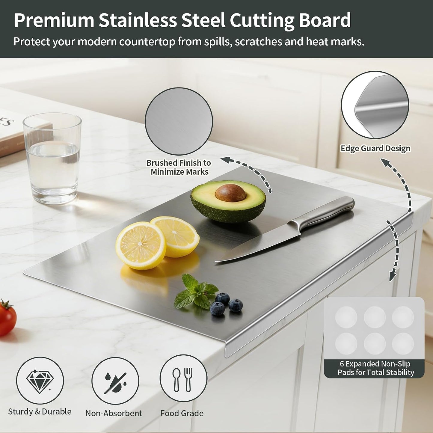 Stainless Steel Cutting Board Set for Kitchen, 2 Pack Metal Cutting Board with Counter Lip Dishwasher Safe Chopping Board for Meat, Vegetables, Fruits, Bread, Kneading (40 x 30cm/ 16 x 12 in)
