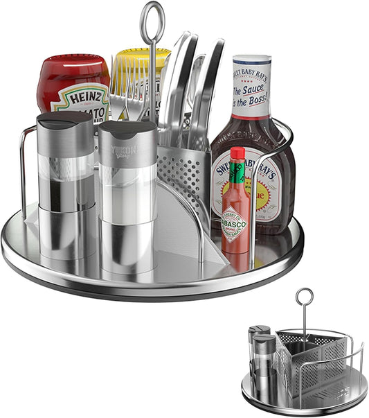 Yukon Glory Stainless Steel Rotating Condiment Caddy, Lazy Susan Utensil Caddy with Napkin Holder, BBQ Grill Caddy for Outdoor Patio Table & Picnic