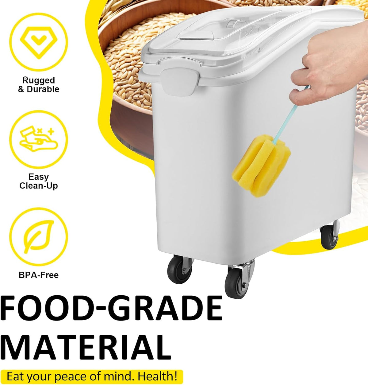 26.93 Gallon Commercial Flour Bin with Locking Wheels,Mobile Ingredient Storage Container,Holds 227lb Sugar /149lb Flour,Kitchen & Pantry Organizer
