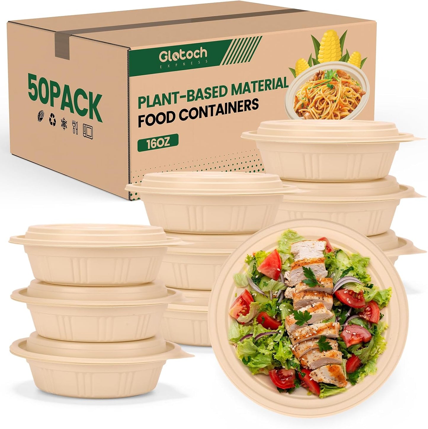 100 Piece (50 Pack) Meal Prep Containers Reusable - 2 Compartment 32 oz Cornstarch Snack Containers with Lids - Plastic Food Storage Salad Containers - To Go Lunch Box - Microwave & Freezer Safe