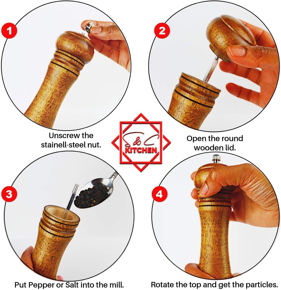 Wooden Pepper Mill or Salt Mill with a cleaning brush - 8 inch tall - Best Pepper or Salt Grinder Wood with a Adjustable Ceramic Rotor and easily refillable - Oak Wood Pepper Grinder for your kitchen