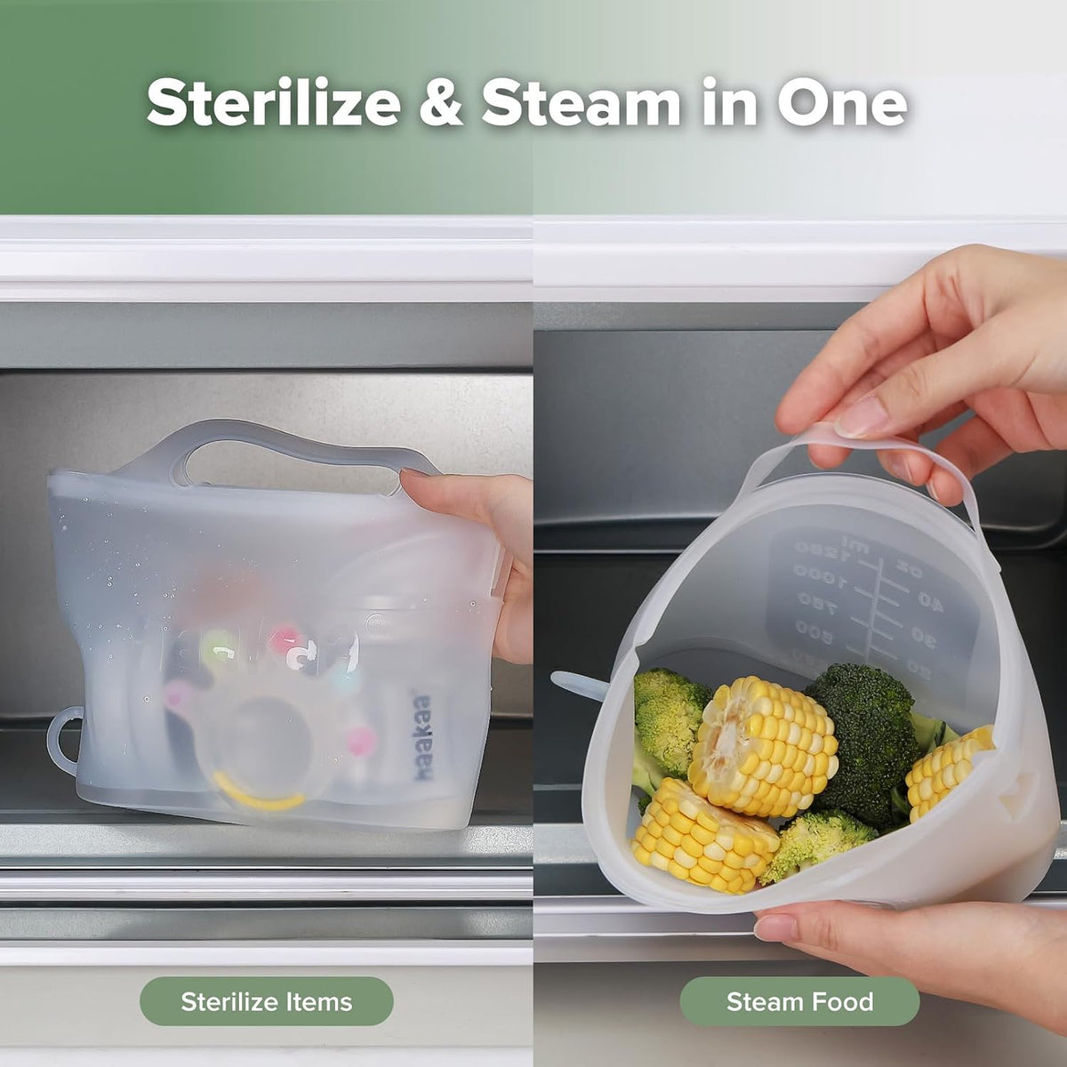 Haakaa Silicone Microwave Steamer & Steriliser Bag, 70oz/2000ml Large Capacity Reusable Steaming Bags for Baby Bottles, Breast Pump, Accessories, Pacifiers,Teethers, Great for Home&On The Go, Grey/1PC