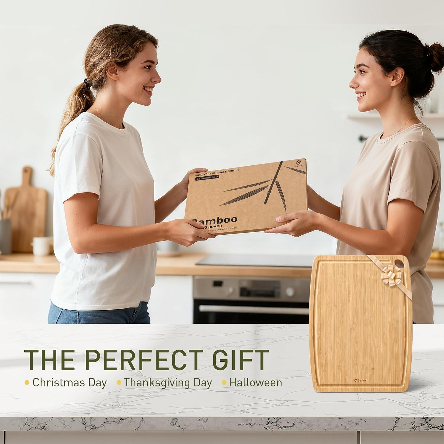 Lightweight Durable Bamboo Cutting Board Set with Non-Slip Feet, Wood Cutting Board for Busy Kitchen, Easy Clean Wooden Chopping Boards with Juice Groove Best House Warming Gift Set of 3 (S+M+L)