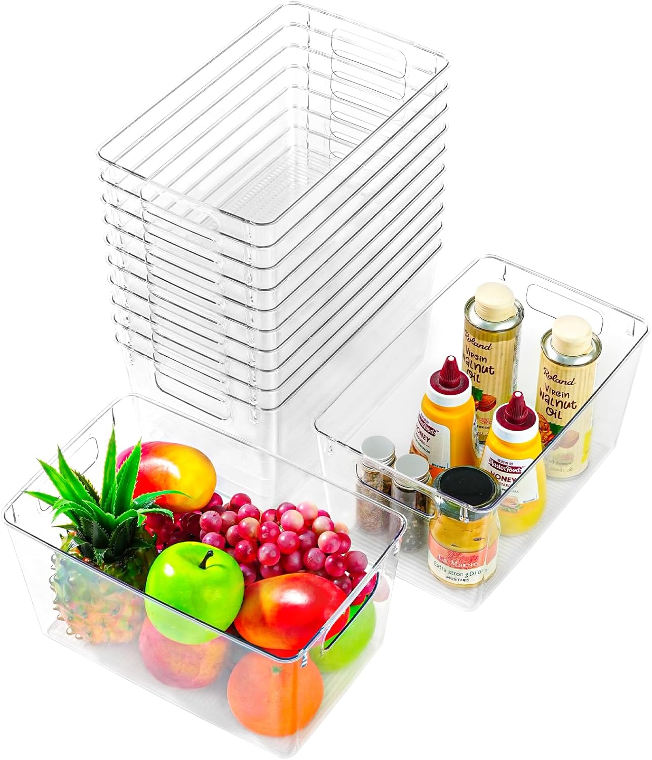 Freebat 12 Pack Middle Organizers and Storage, Pantry Organization and Storage Bins, Cabinet Organizer, Clear Plastic Storage Containers with Handle，Acrylic Storage Bins for Cabinet, Fridge