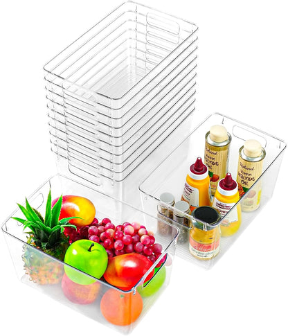 Freebat 12 Pack Middle Organizers and Storage, Pantry Organization and Storage Bins, Cabinet Organizer, Clear Plastic Storage Containers with Handle，Acrylic Storage Bins for Cabinet, Fridge
