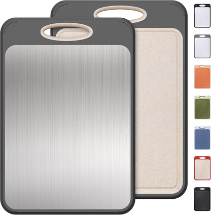 2 Packs Stainless Steel Cutting Board Set, Best Non Toxic Cutting Boards for Kitchen, Double Sided Metal Chopping Board for Meat/Fruit/Vegetables, Food Grade Kitchen Set Gift, [16”×11”+18”×12” Inch]