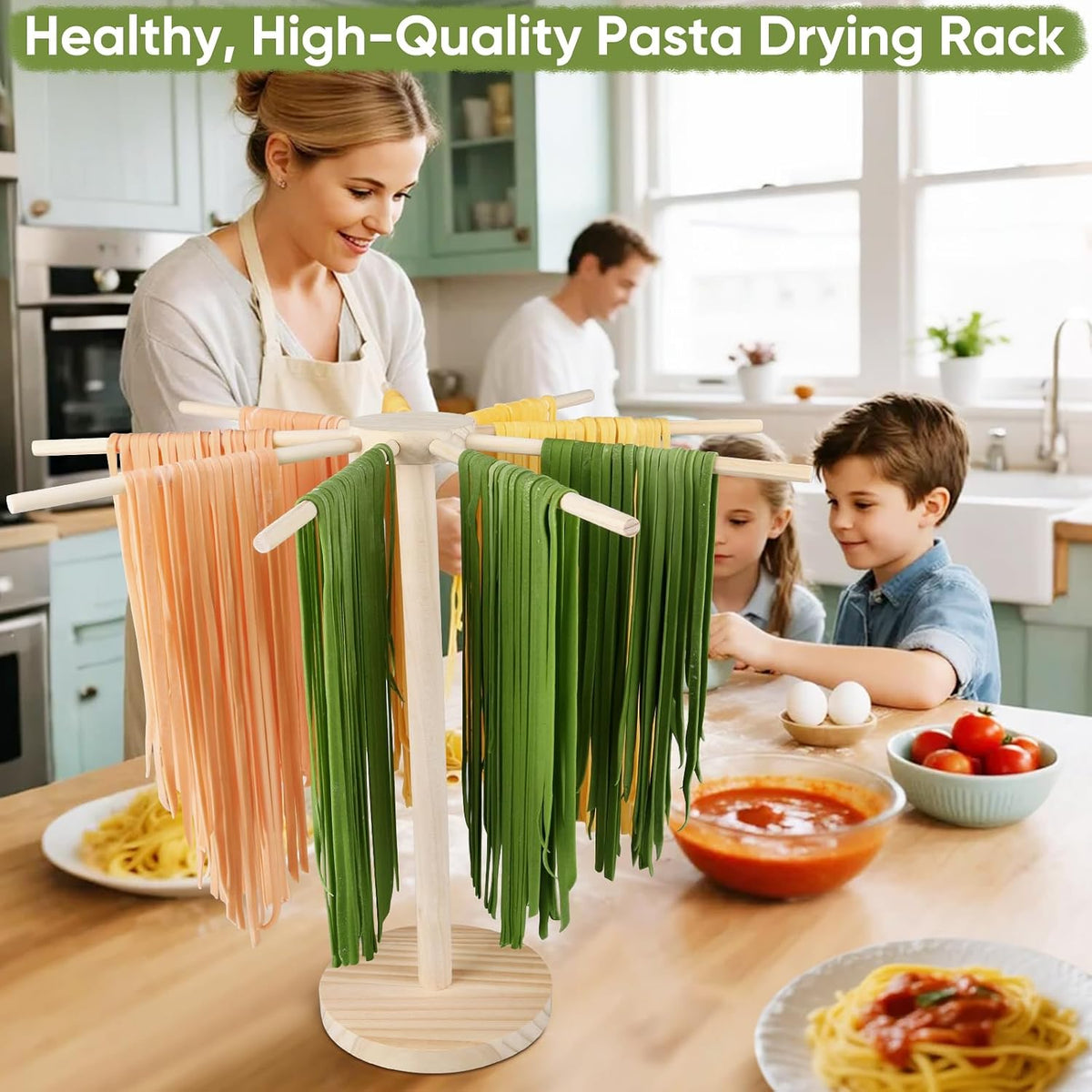 Pasta Drying Rack - 9 Sticks Wooden Pasta Dryer Stand Large