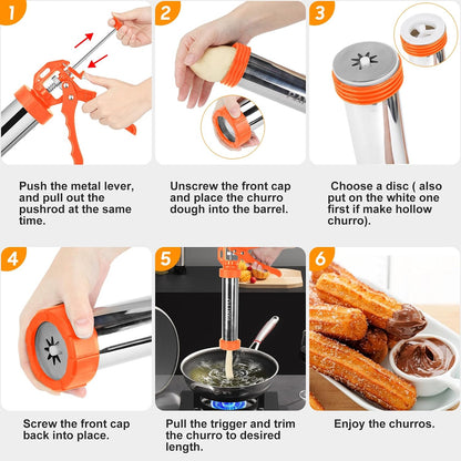 PAHTTO Churro Maker Machine, Stainless Steel Churros Gun Kit, 3-in-1 Multifunctional Cookie Press Hollow Churro with Piping Bag, 7 Piping Nozzles, 9 Cookie Discs & 2 Brushes, Easy to Clean
