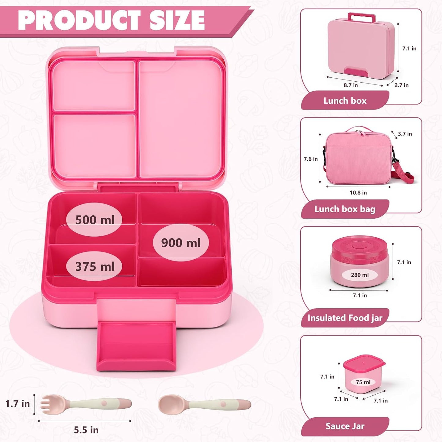 Bento Box Set with 9.5oz Soup Thermo Kids Leak-proof Lunch Box Container with 4 Compartment Stainless Steel Insulated Hot Food Jar with Bag for School Travel - Pink