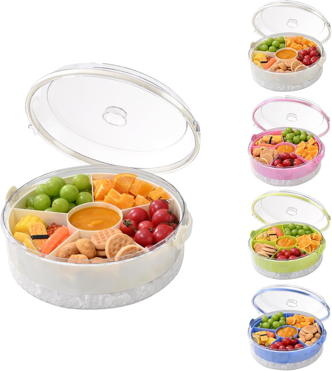 Fruit Ice Divided Serving Tray with Lid and handle,Chilled Veggie Tray,Shrimp Cocktail Serving Dish,Ideal Cold Chilled Serving Platter for Parties,Vegetables,Appetizer,Salads,Picnic,Appetizers,Travel