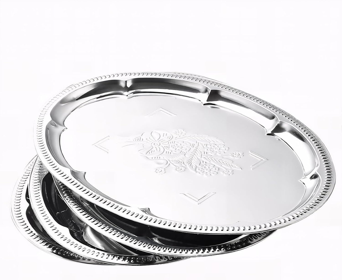 4-Pack 15.7" x 11.8" Silver Serving Trays for Party Set - Oval Floral Engraved Serving Platters, Wedding Birthday Mirror Tray for Summer BBQ, Food, Appetizer, Charcuterie, Cookies, Desserts