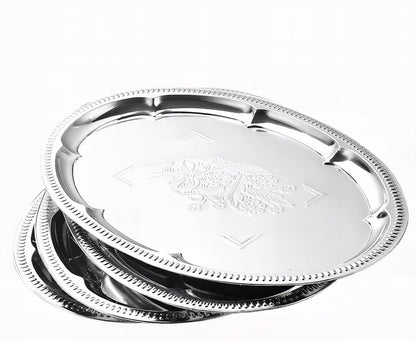 4-Pack 15.7" x 11.8" Silver Serving Trays for Party Set - Oval Floral Engraved Serving Platters, Wedding Birthday Mirror Tray for Summer BBQ, Food, Appetizer, Charcuterie, Cookies, Desserts